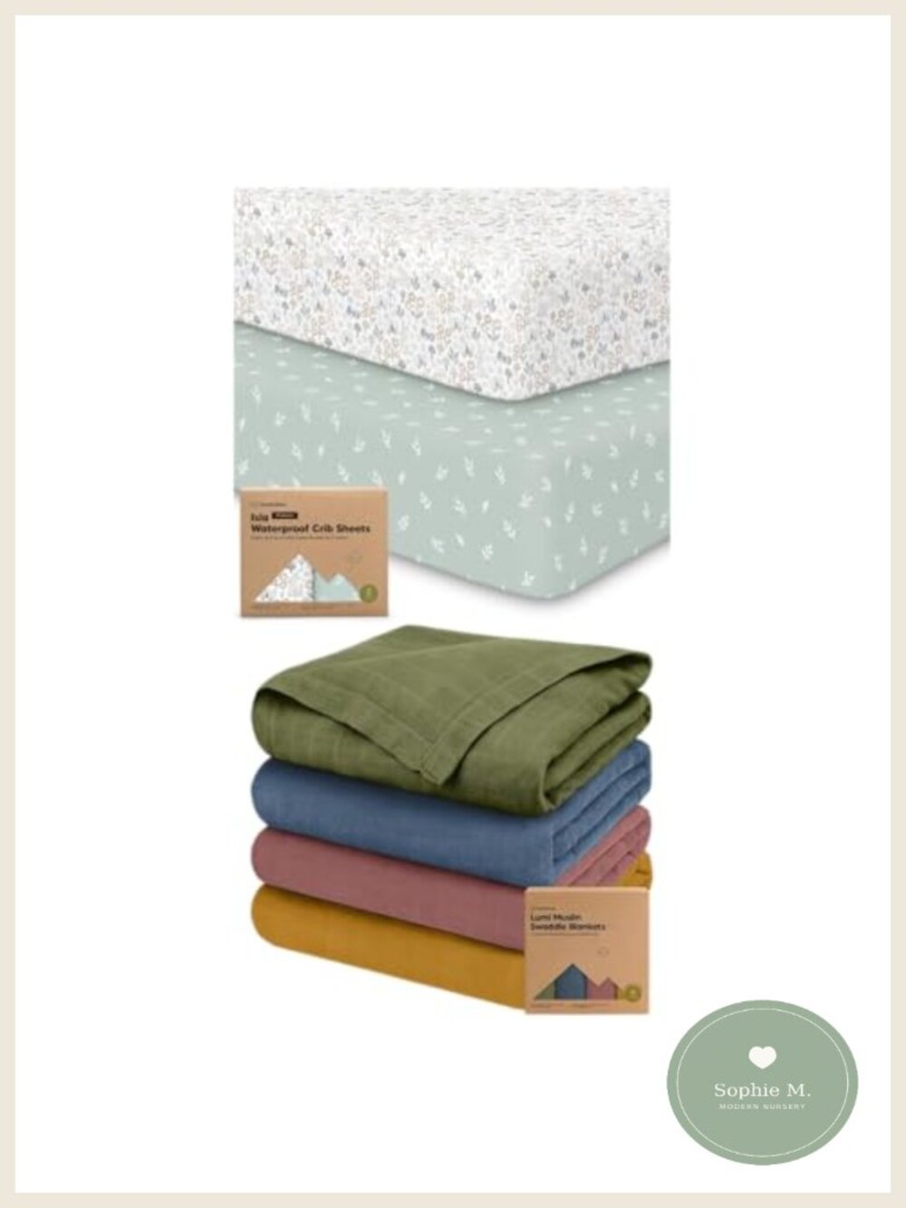 Waterproof Crib Sheets 2-Pack & 4-Pack Muslin Swaddle Blankets Baby Bedding Set